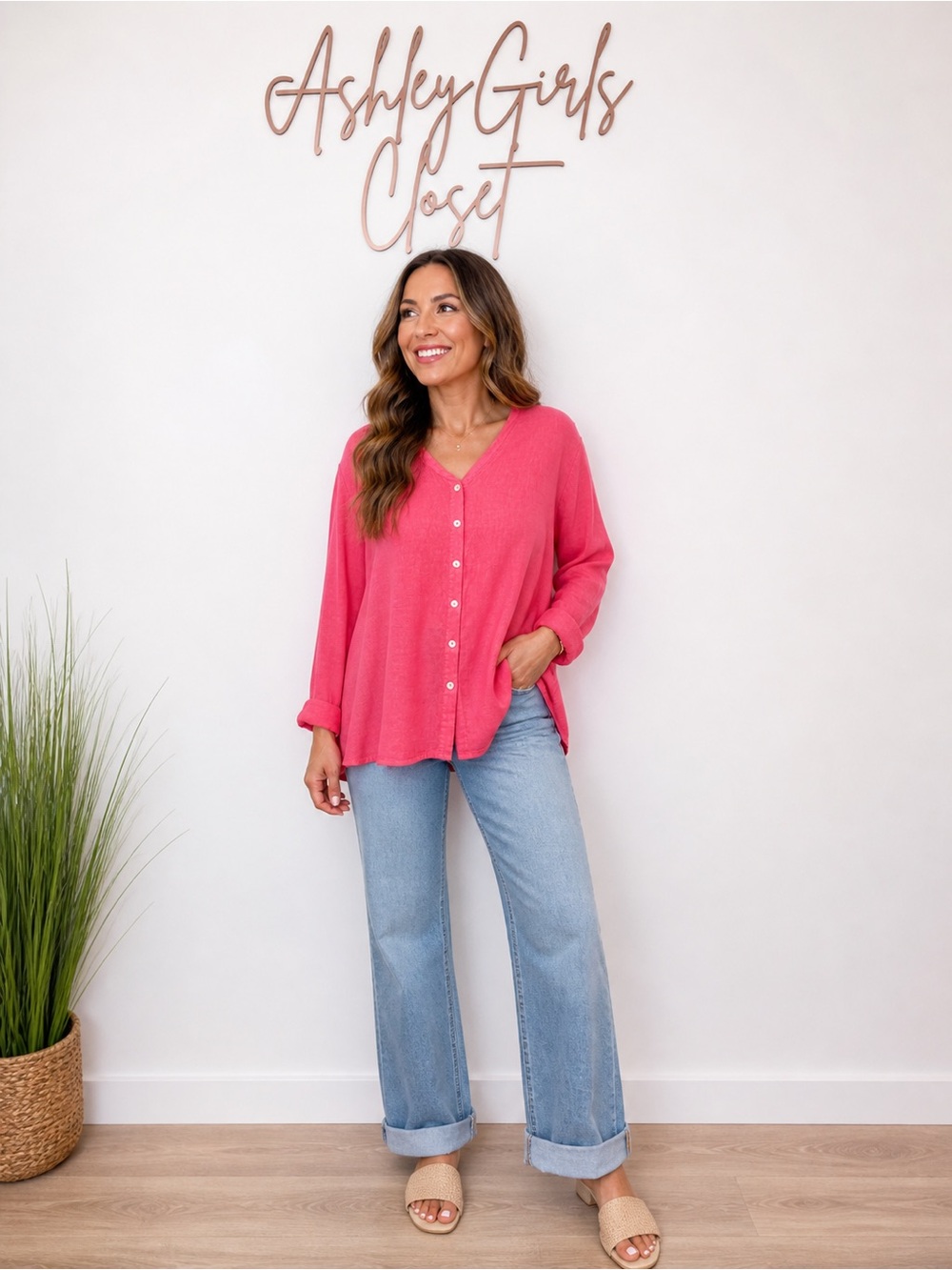 FLAX Coral Pink Linen Button Front Tunic Top Size Large